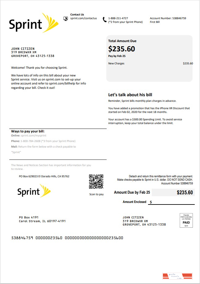USA Sprint (T Mobile) utility bill template in Word and PDF format